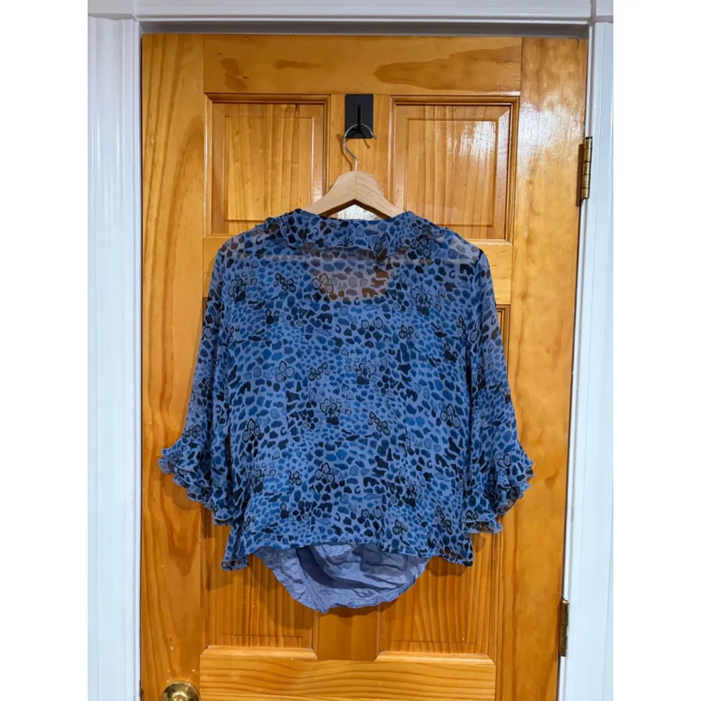 TESS 100% Silk 2 Piece Set Women's 14 Blue Leopard Sheer Blouse & Tank Top - Image 6