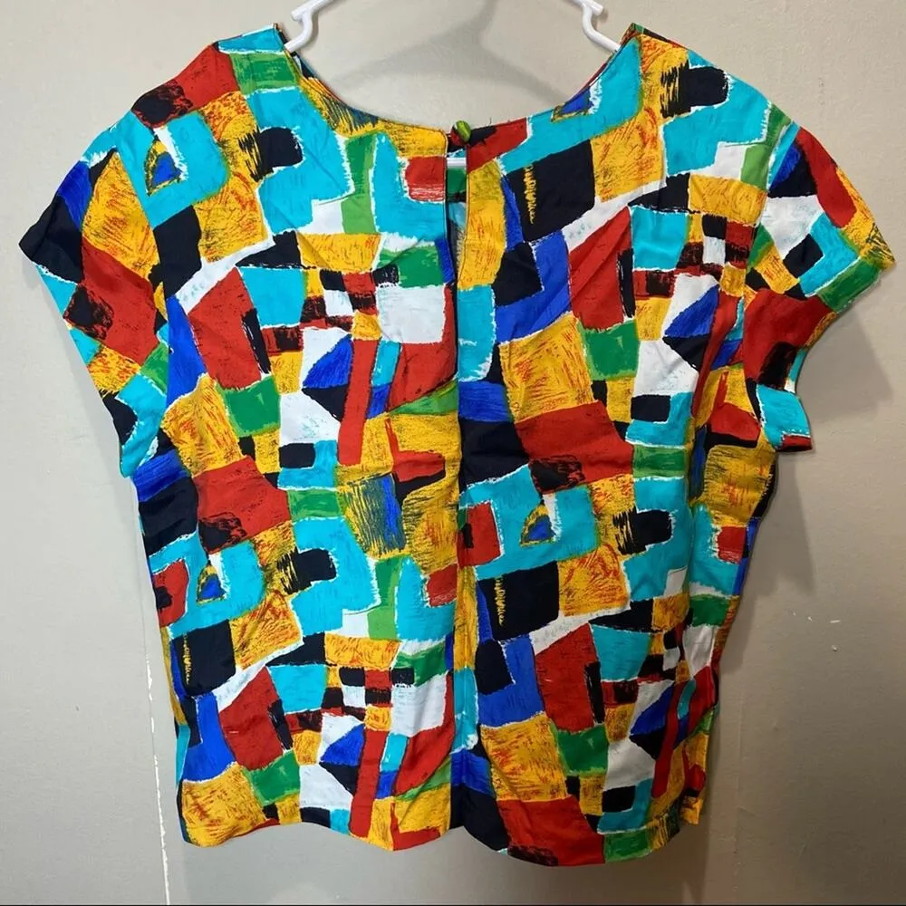 Vintage Synari Petites Blouse 80s Made in USA Block All Over Print Multi Medium Blue Size undefined - Image 4
