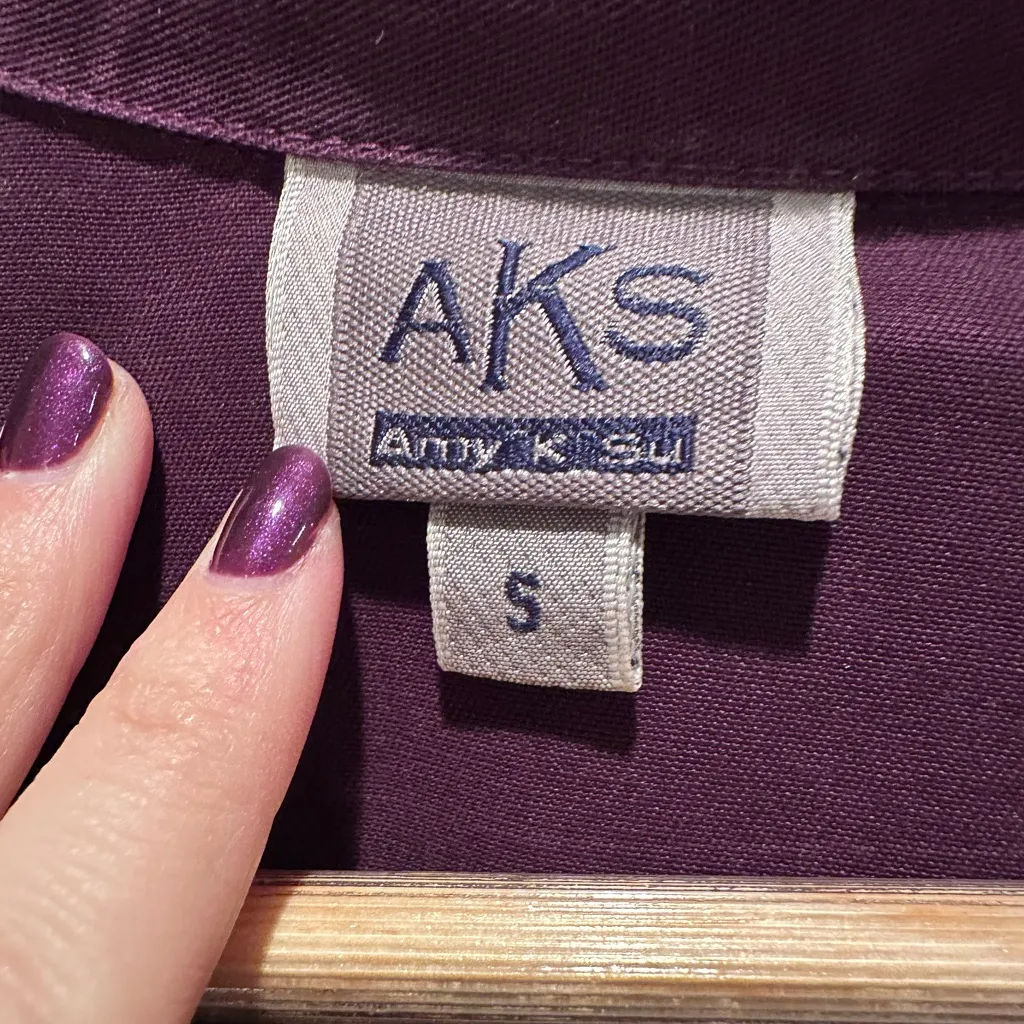 Vintage Amy K Su Purple Faux Suede Wooden Button Up Collared Shirt Small - Image 3