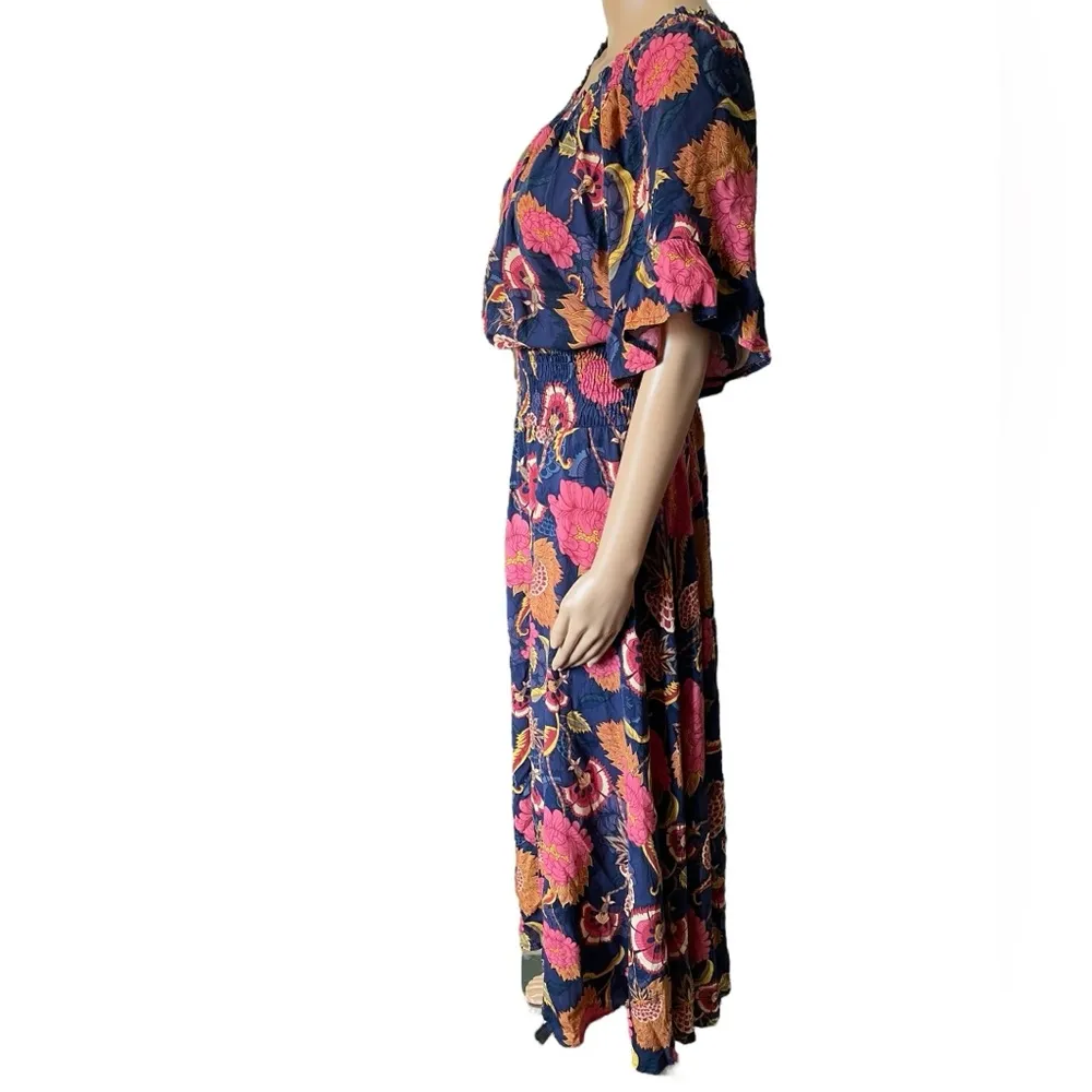 Jaase Blue Pink Orange Boho Hippie Indie Earthy Floral Smocked Ruffle Maxi Dress - Image 4