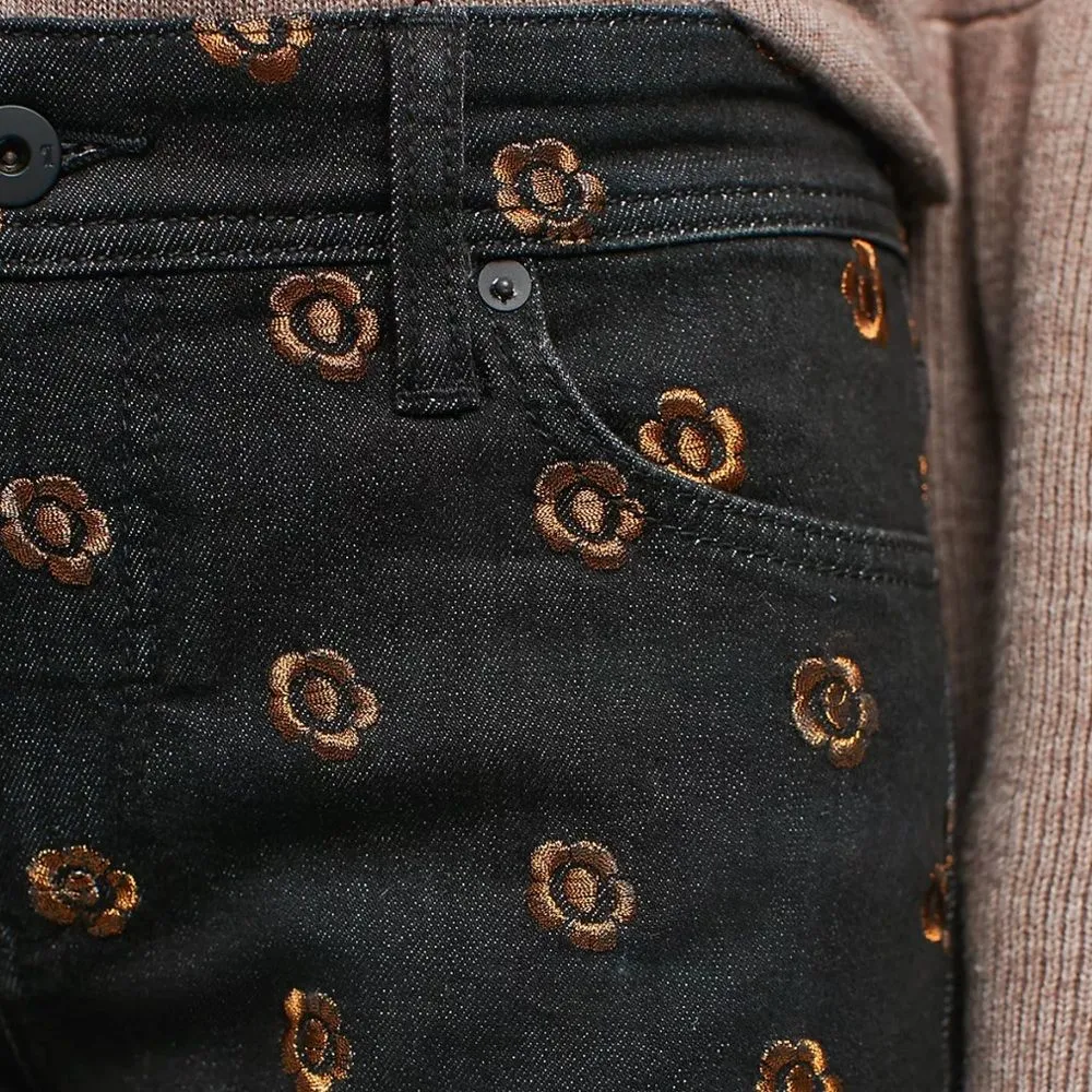 Anthropologie Straight Leg Crop‎ Jean Black Bronze Floral  Embroidered Sz 27 NWT - Image 6