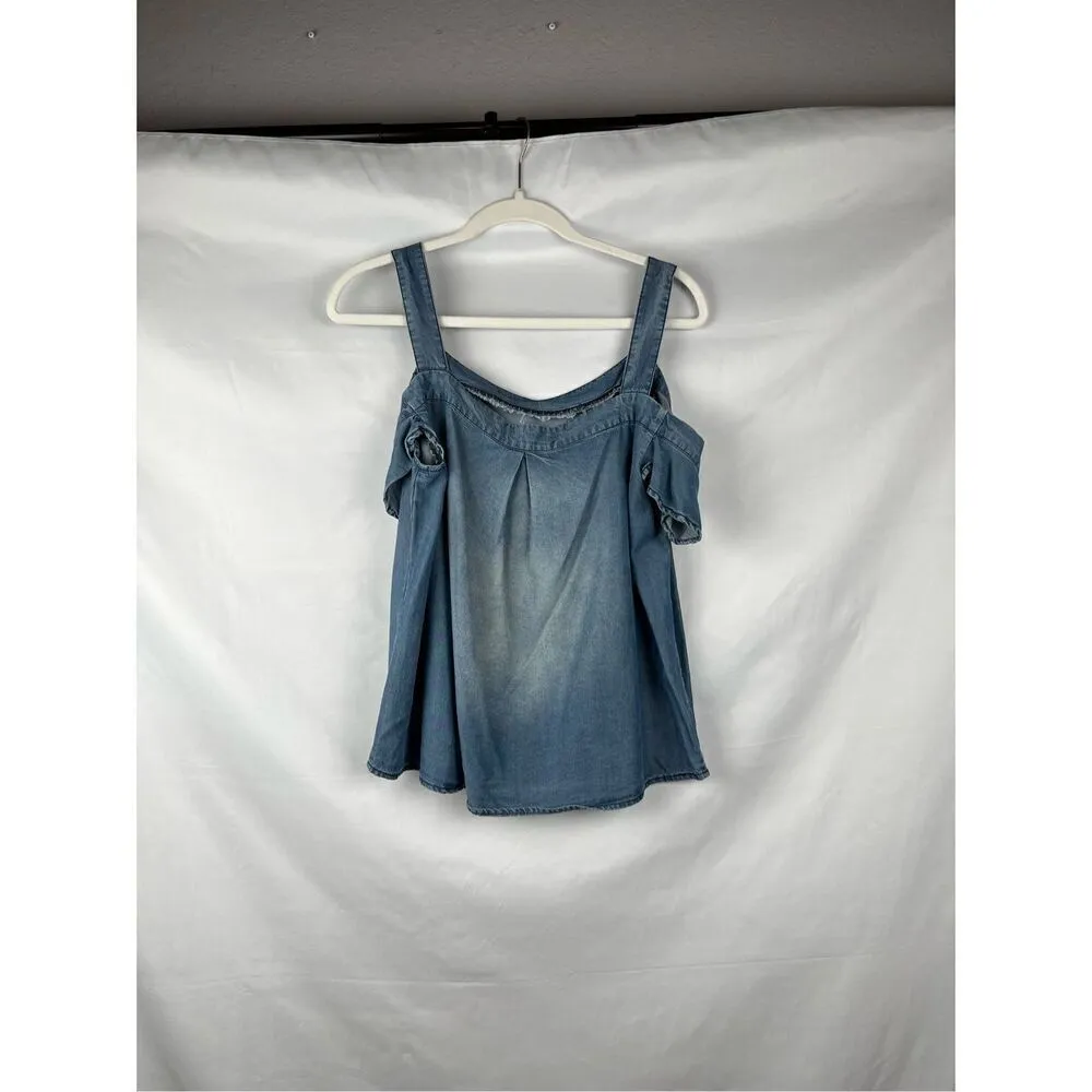 Blue Rain  Chambray Cold Shoulder Denim Top Medium - Image 2