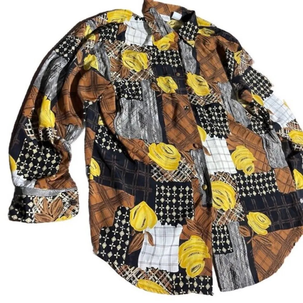 Le Caviar button down blouse Vintage 100% Polyester NEW Thin Gold Black White Size M - Image 6