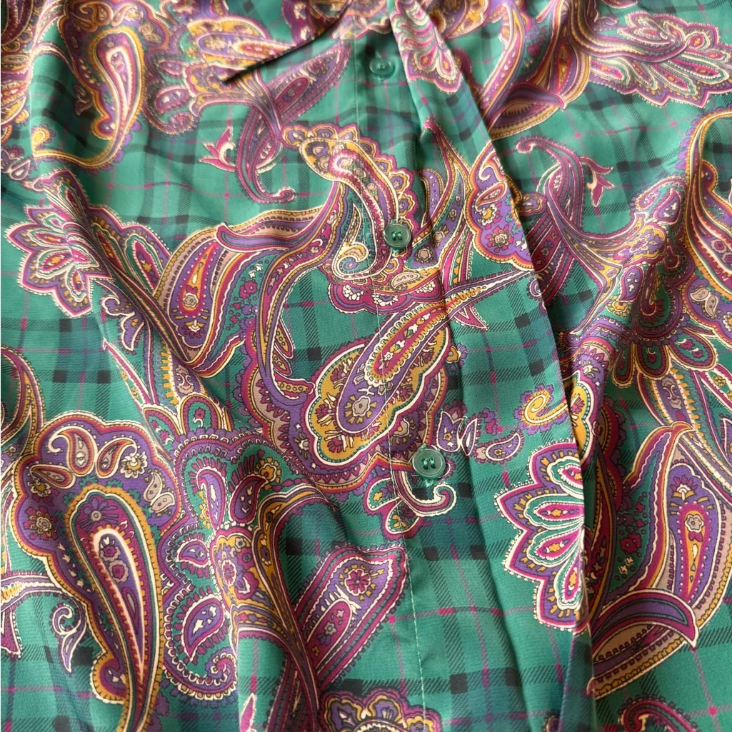 Alfred Dunner Satin Green Purple Paisley Print Bow Tie Blouse Vintage Size 8 EUC - Image 9