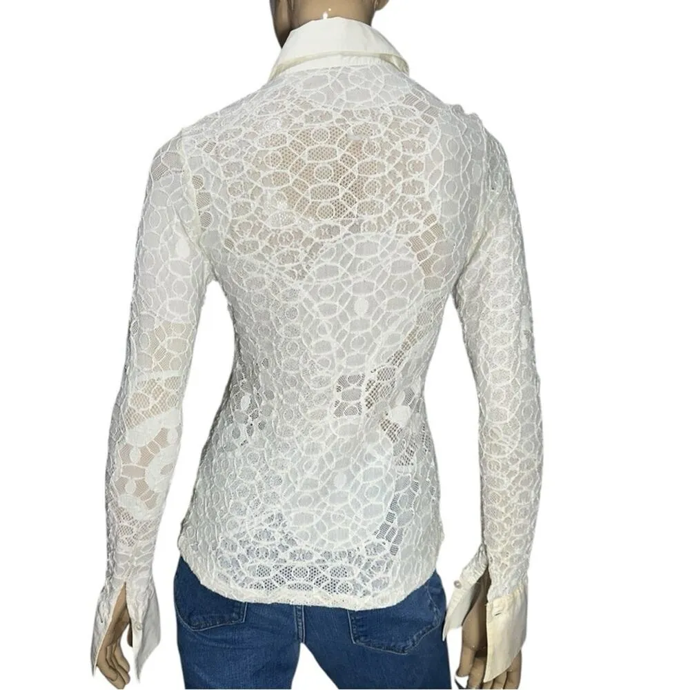 Anne Fontaine Women’s Size 42 10 White Lace Pattern Long Sleeve Button Up Shirt - Image 4