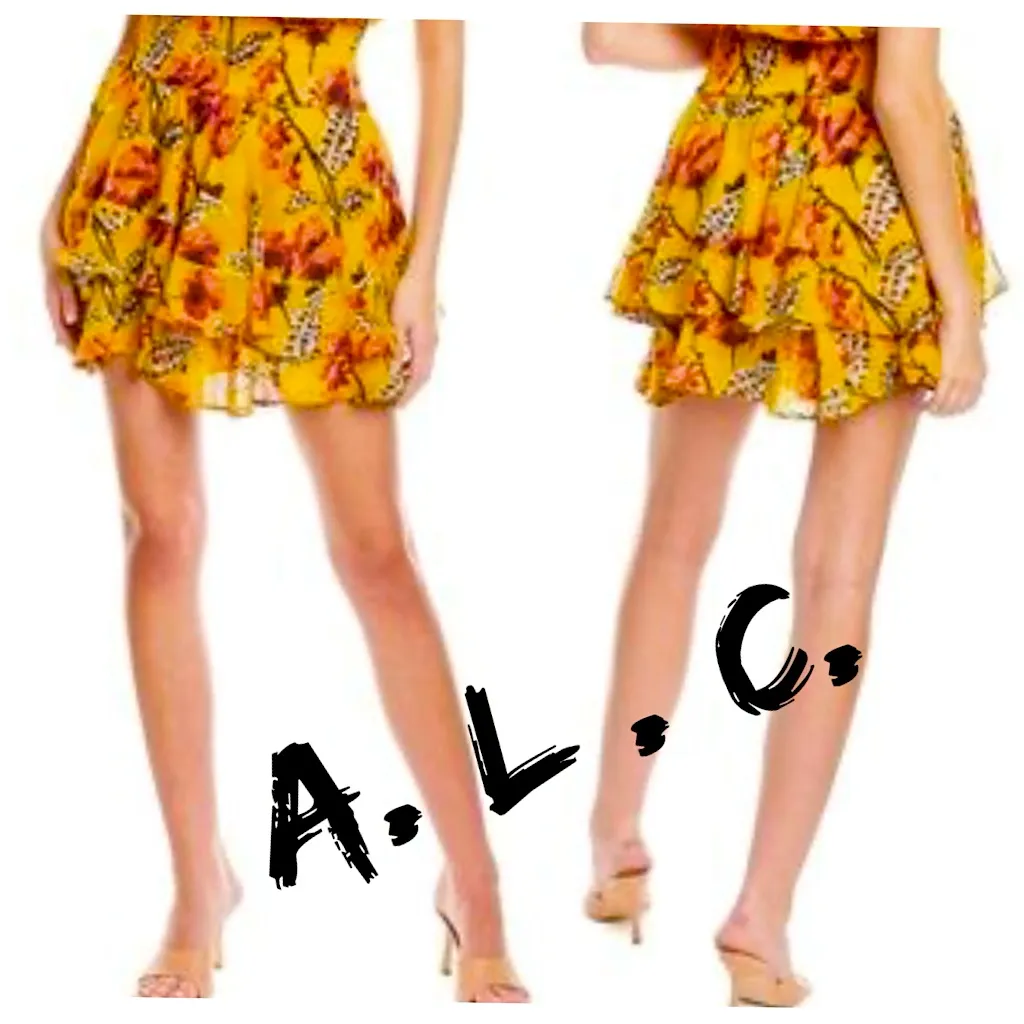 A.L.C. 100% Silk Yellow Skater Mini Skirt with Ruffled Tiers Size 4 - Image 2
