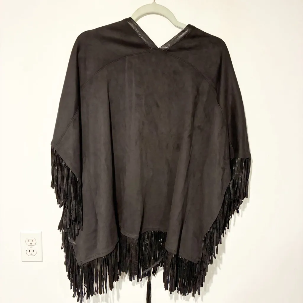 Hale Bob Black Suede Poncho with Faux Leather Fringe Lace Up Size XS/Small - Image 6