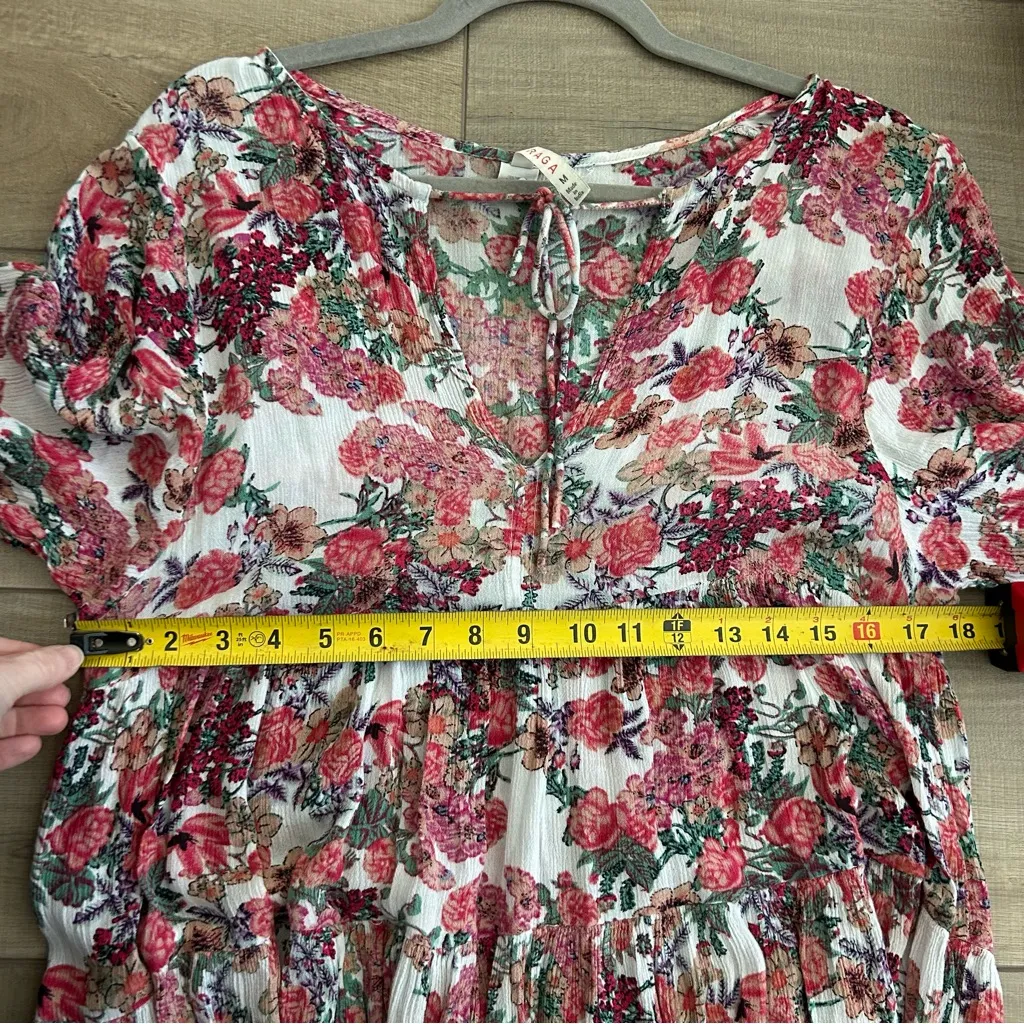 RAGA Pink Red Rose Floral Long Sleeve Tie Neck Boho Maxi Flowy Dress M - Image 7