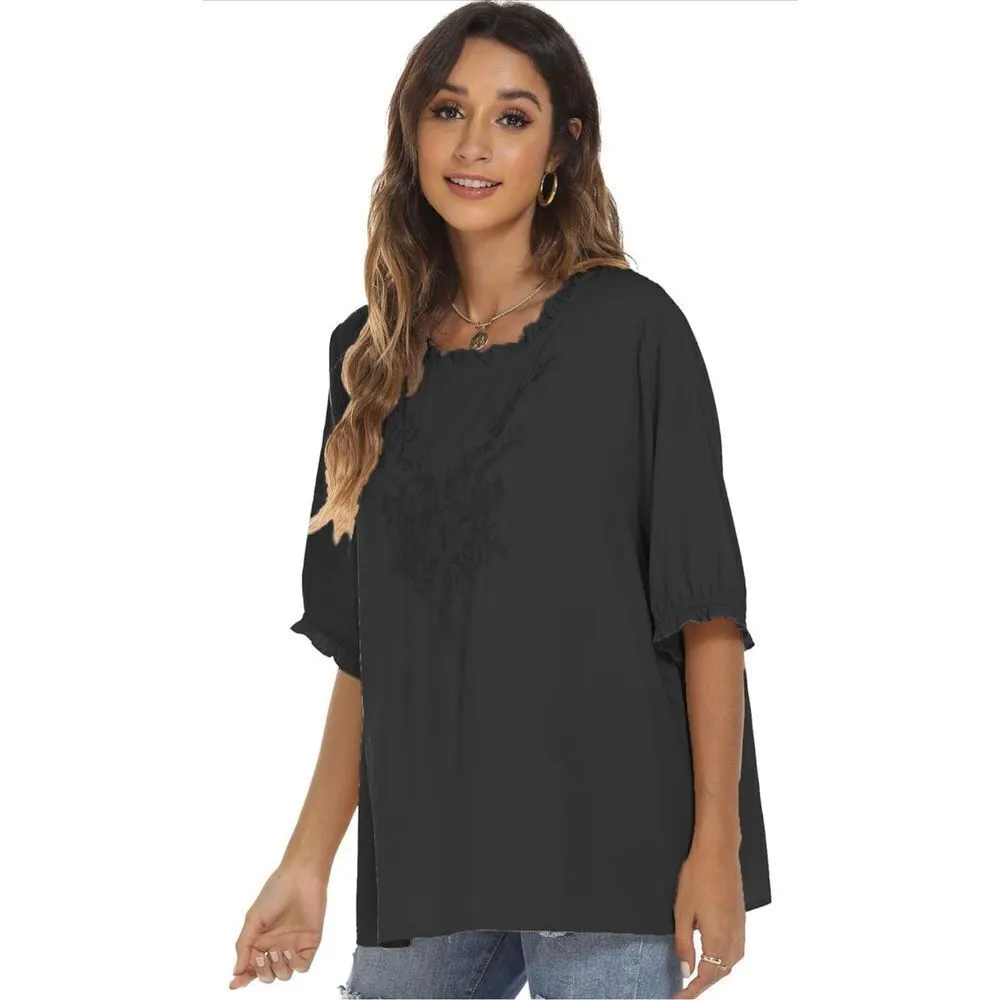 NEW Embroidered Rayon Tops Blouse Casual Embroidery Shirt XL Black - Image 2