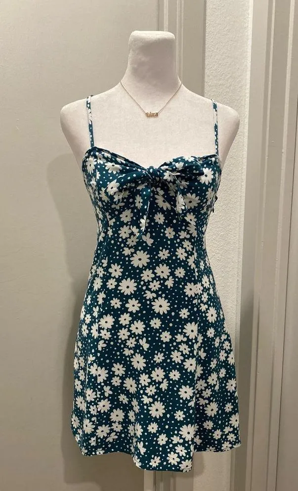 Teal Green & White Ditsy Floral Print Sleeveless Mini Dress - S - Image 5
