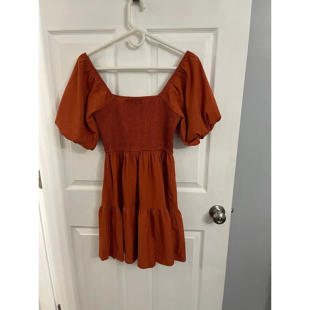Square Neck Puff Sleeve Shirred Dress Rust Brown Size XS New Without Tags - Image 2