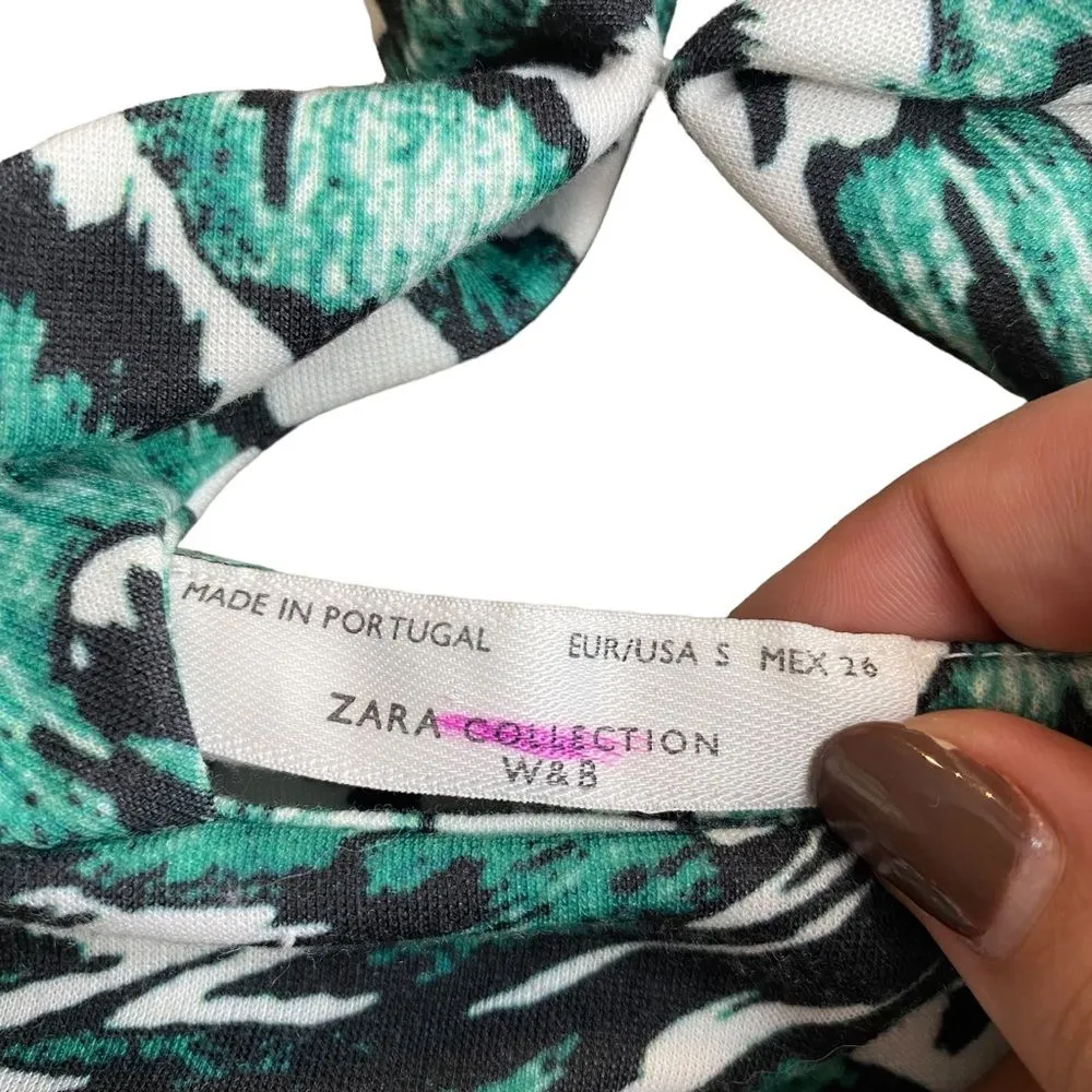 Zara Collection‎ Size S Cutout Halter Strappy Mini Dress Green Black Tropical - Image 3