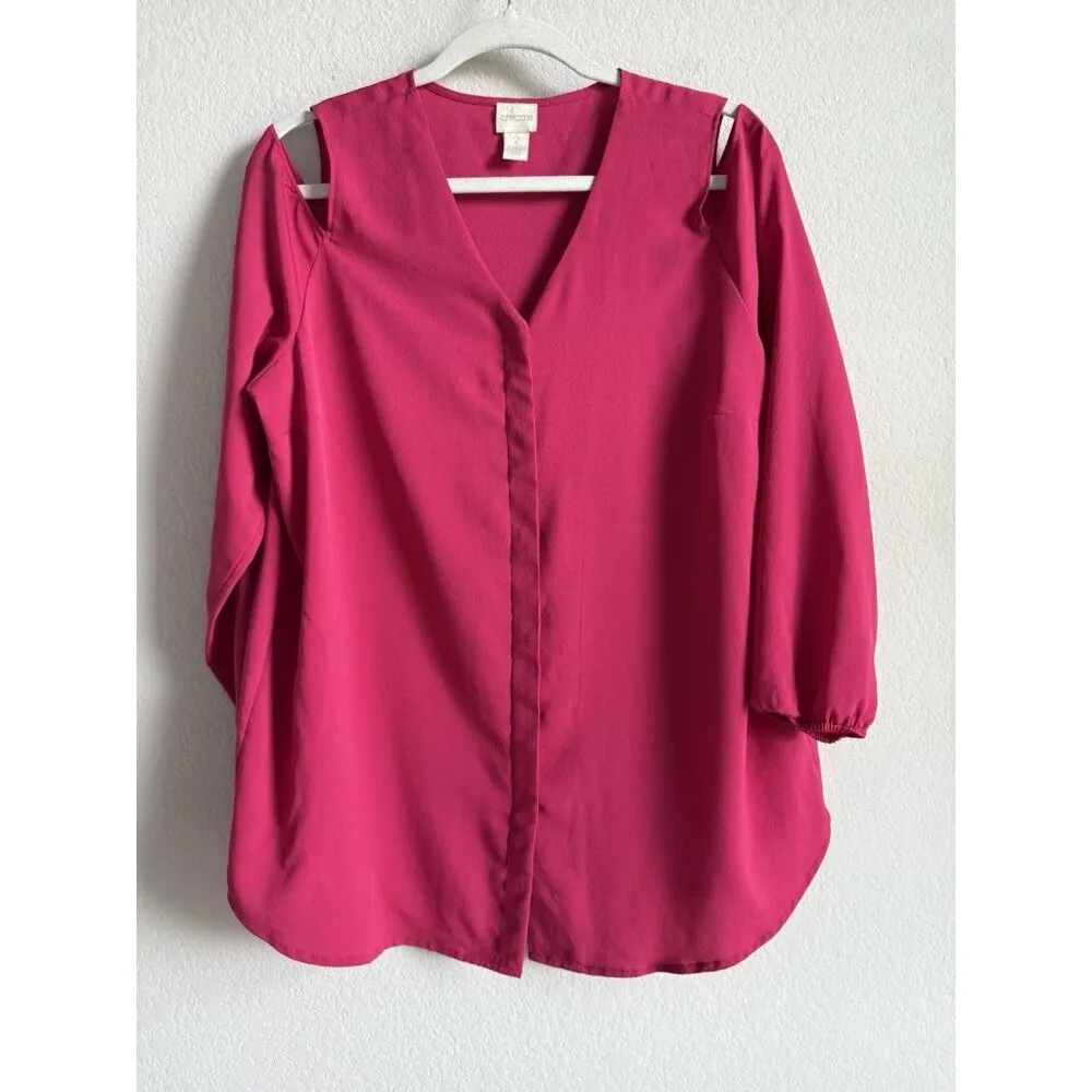 CHICO'S Women’s Size 2 (M) Cold‎ Shoulder Button Front Top Blouse Raspberry Rush - Image 8