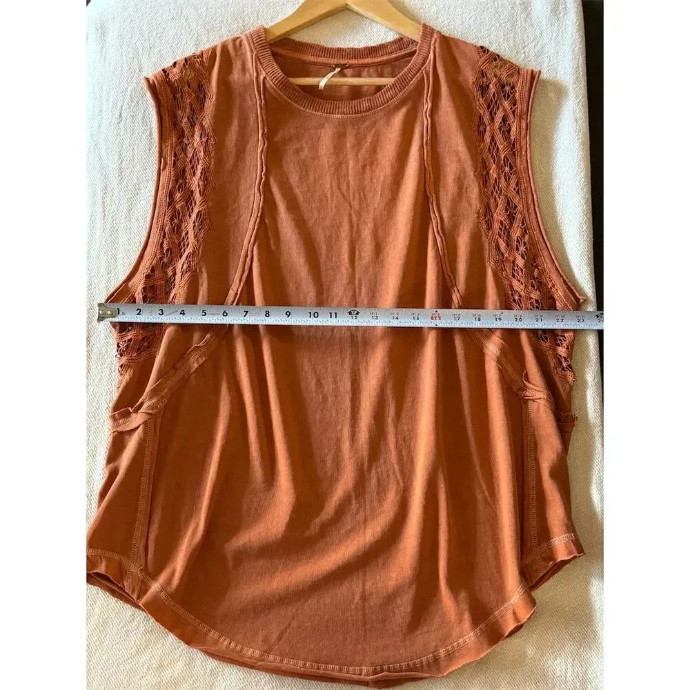 Free People Table for Two Tee Women's Orange Lace Sleeveless Top Size L Casual - Image 11