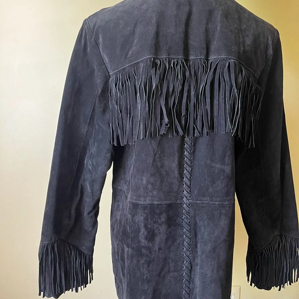 Vintage 70s Style Genuine Leather Fringe Jacket Black Suede Western Boho Large - Image 5