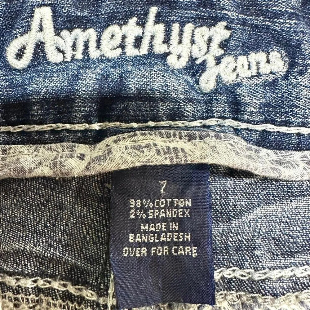 AMETHYST JEANS 2000s Y2K Blue Denim Low Rise Mini Short Shorts Size 7 Lace Trim - Image 5