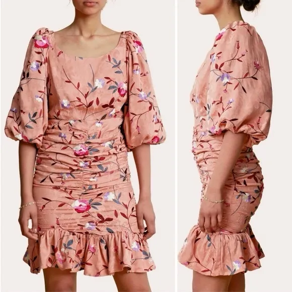 NEW byTIMO Jacquard Embroidered Ruched Dress Floral Puff Sleeve Embroidery Pink Size L - Image 2