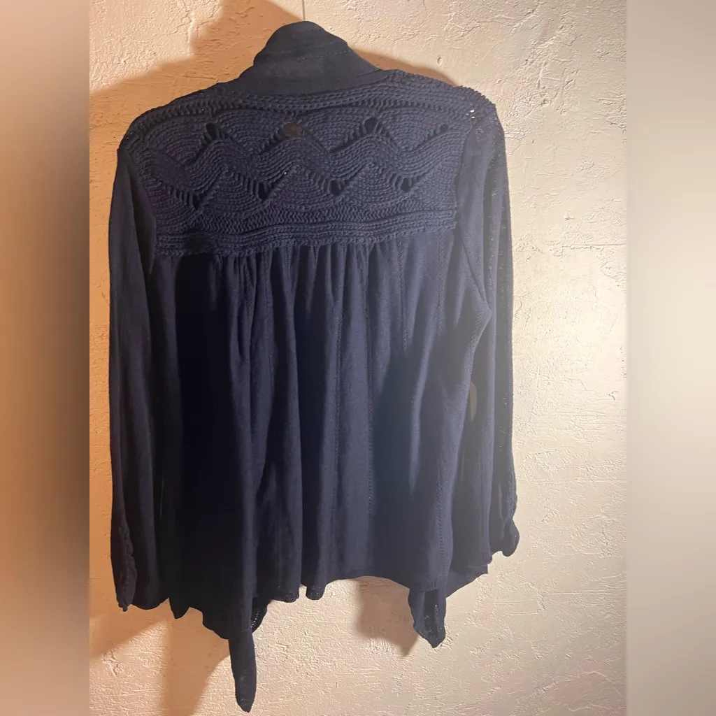 Anthropologie Black Open front cardigan linen cotton blend cable knit detail M - Image 8