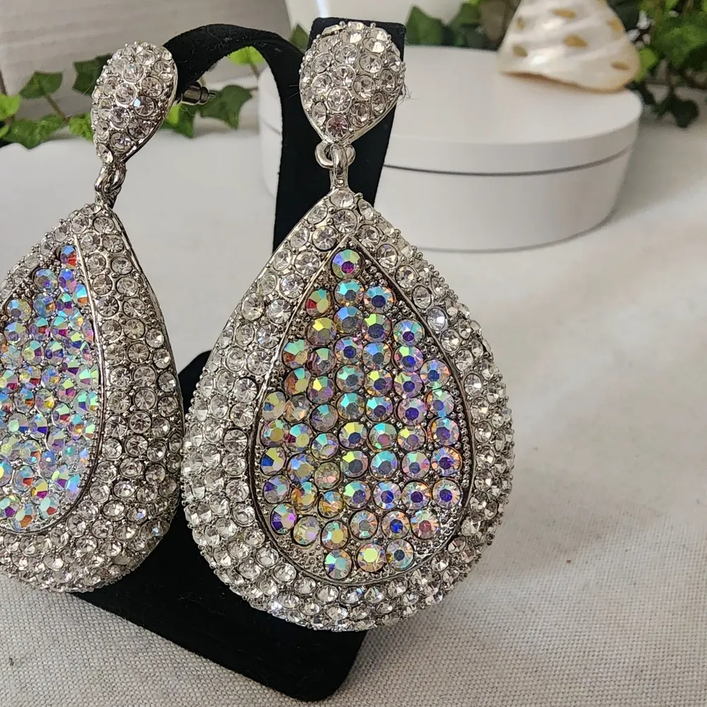 Large Silver Teardrop Statement Earrings AB and Clear Crystal - Image 3