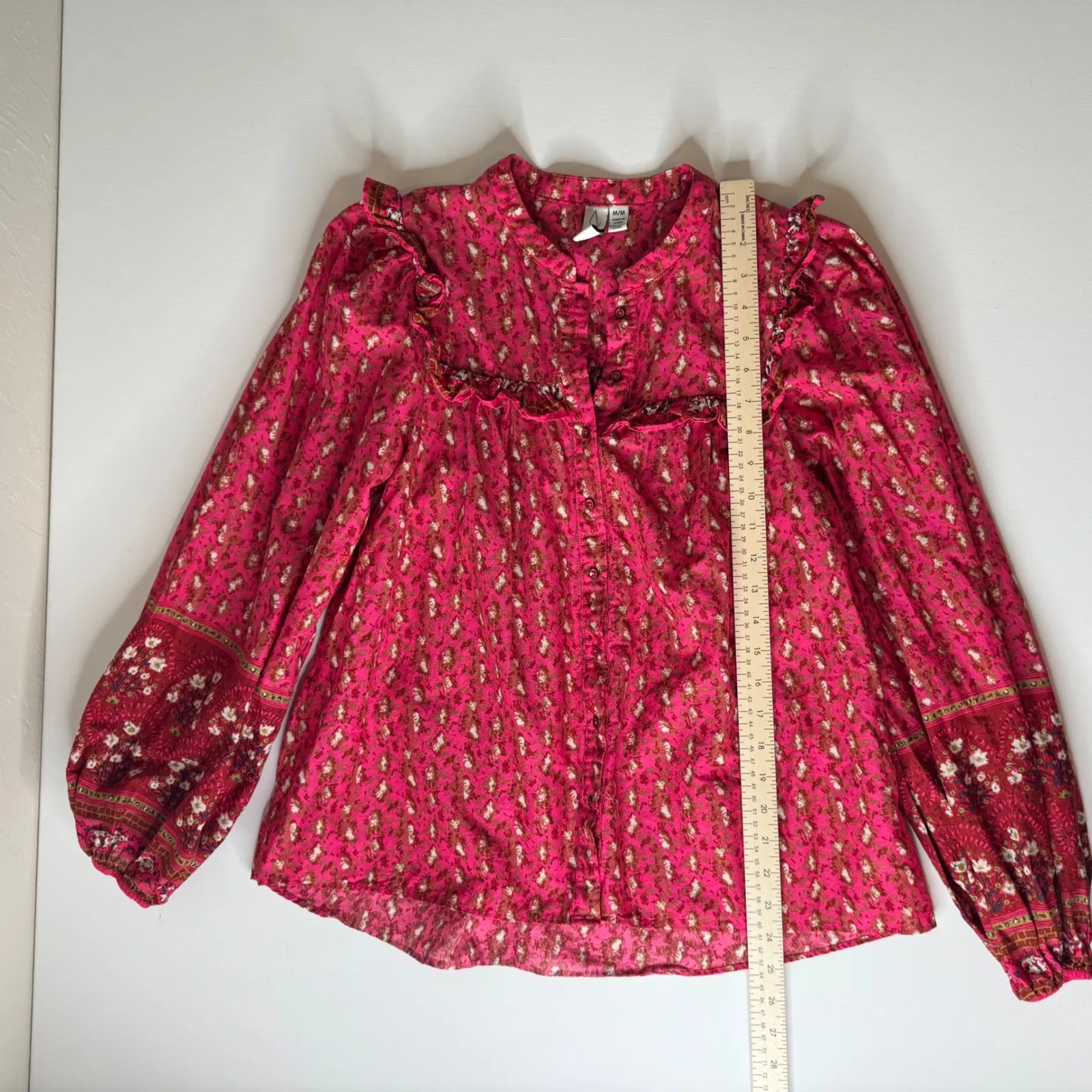 Joie Floral Ruffle Trim‎ Button Down Peasant Top Sz Medium Pink Long Sleeve Boho - Image 8
