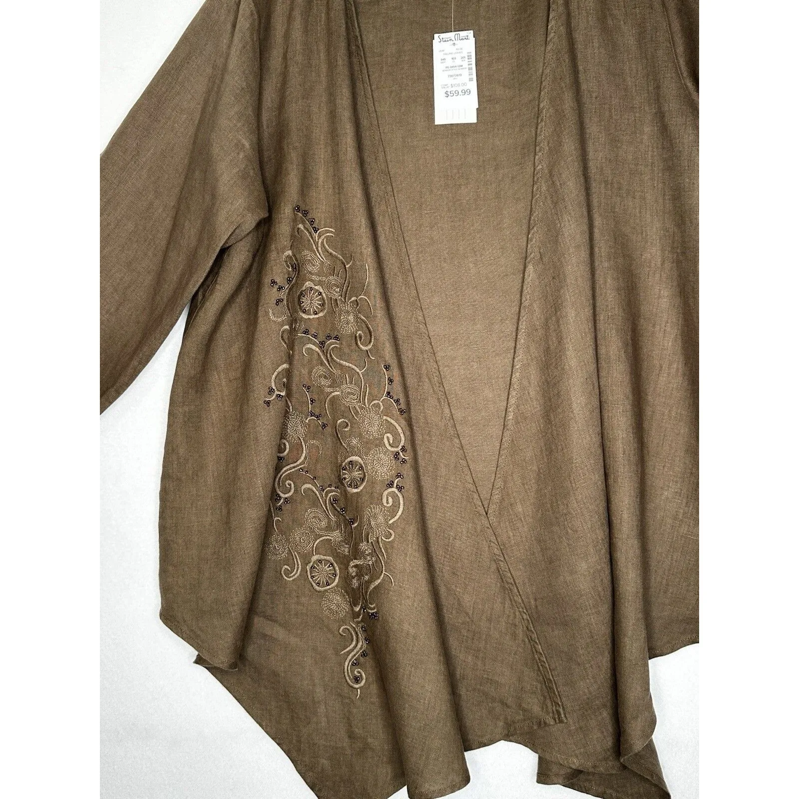 Peck & Peck Linen Cardigan‎ XL embroidered brown Brown Duster open front Hi Lo - Image 4
