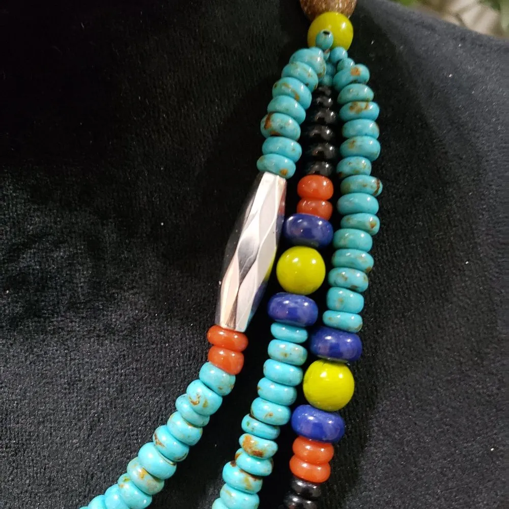 Women Fashion Native Turquoise Bead 3 Strand Collar Necklace with Lobster Clasp Blue - Image 3
