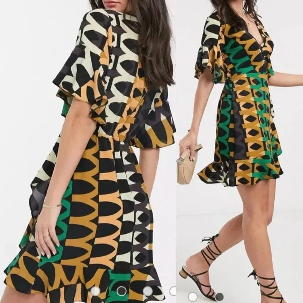AX Paris Green Black Green Aztec Printed Day Mini Wrap Dress Ruffled Size S - Image 4