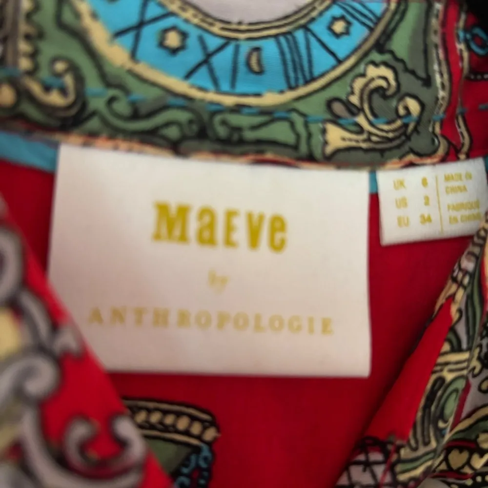 Anthropologie Maeve Size 2 Red Whimsy Printed Clock Sun Button Down Shirt Blouse - Image 10