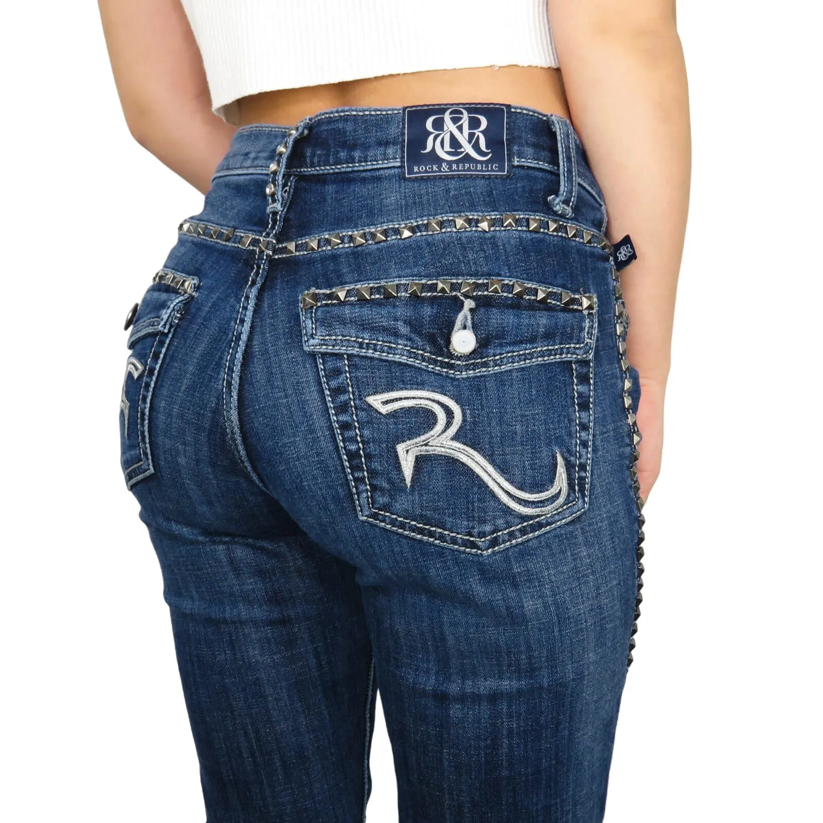 2000s Vintage Y2k Rock & Republic Square Rhinestone Bling Flared Jeans Size 4 - Image 11