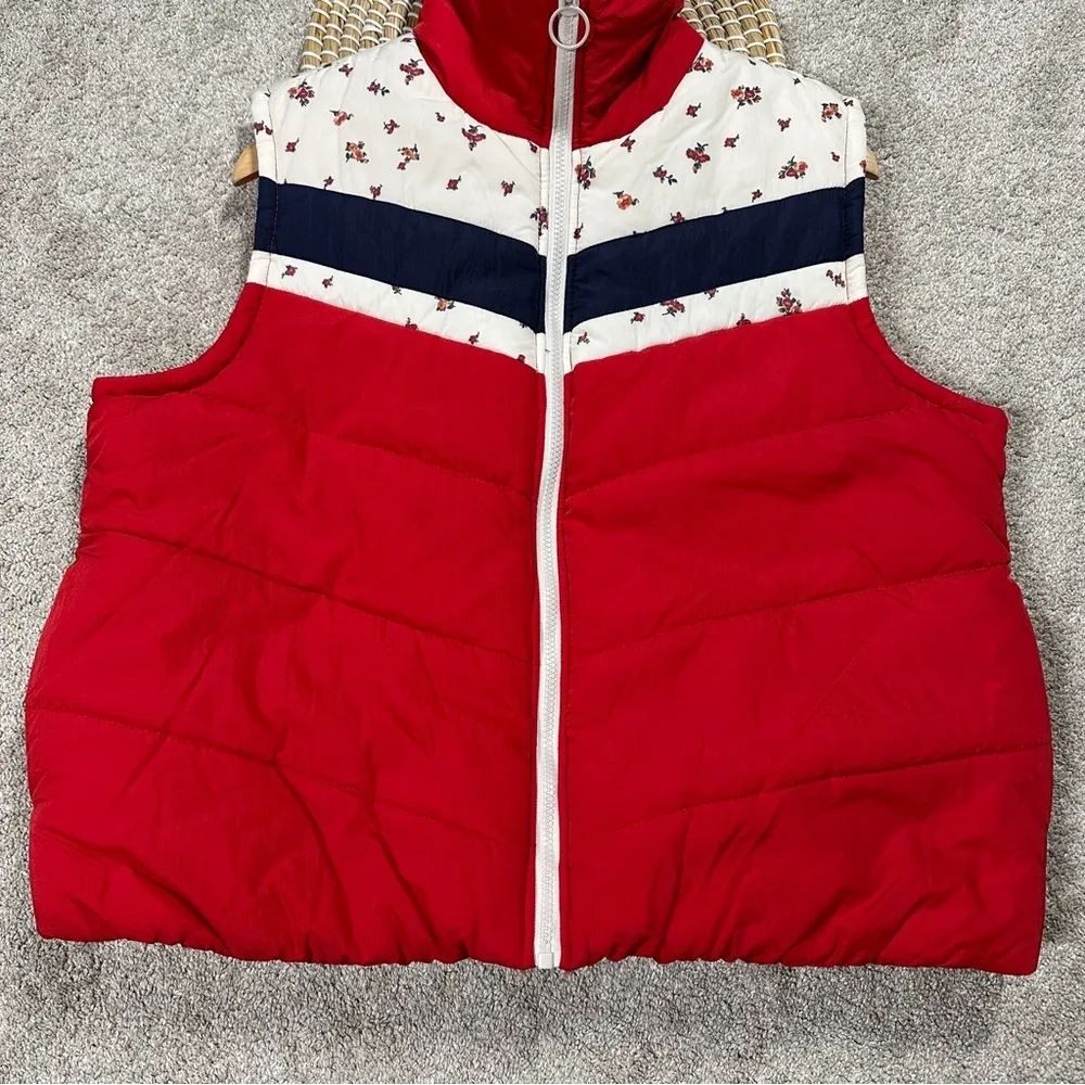 Wild Fable Red Multi Poppy Full Zip Puffer Nylon Vest Retro 90s Style Size XL - Image 3