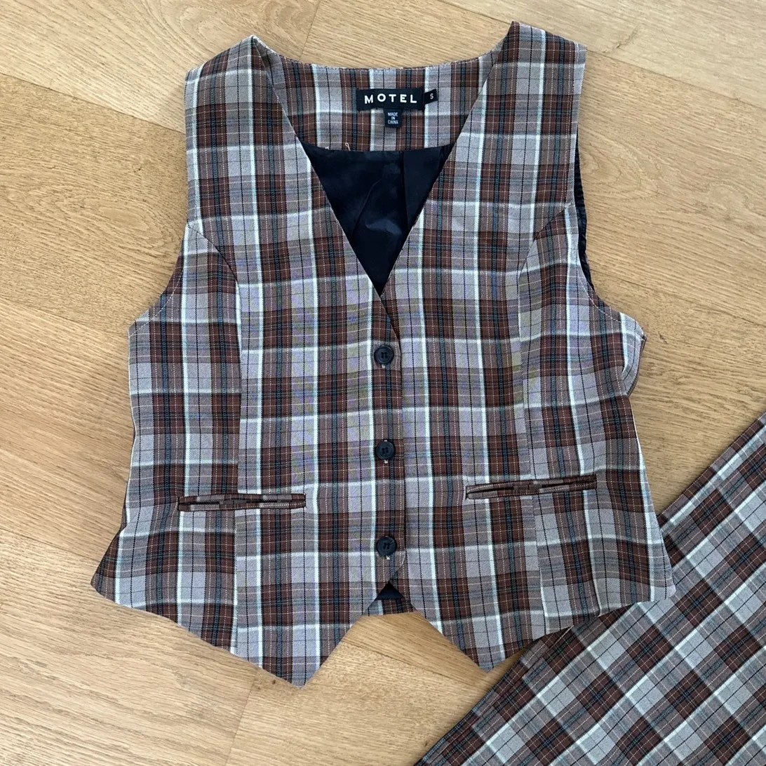 Motel X Olivia Neill Hondra Trousers & Vistana Vest Checks  Size S Brown Gray - Image 2