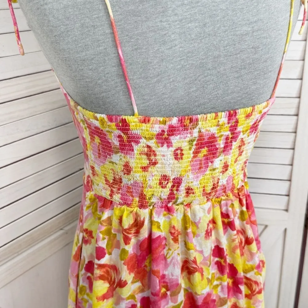 Old‎ Navy Floral Linen Tie Shoulder Cami Mini Dress Sundress Pink Yellow Small - Image 7