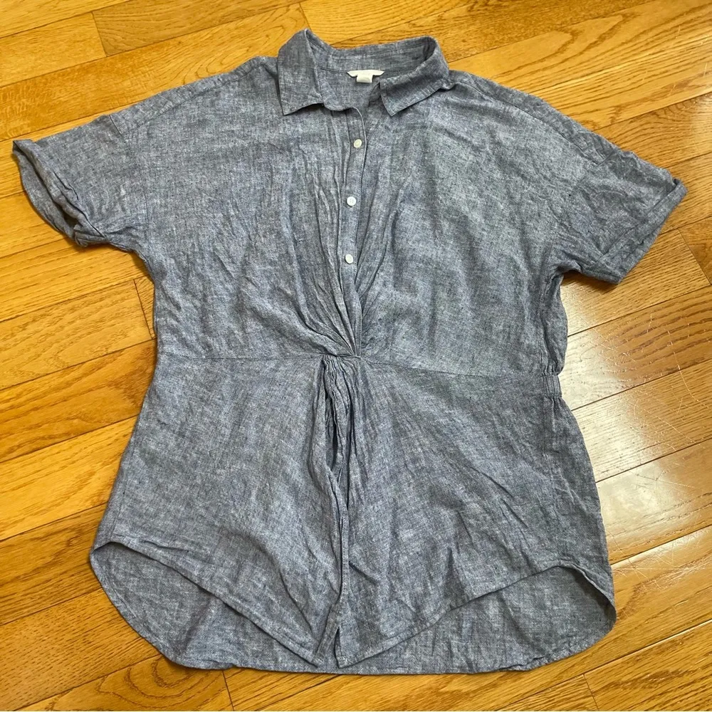 Carlson Chambray Linen Button Up Top Tunic Twisted waist front Blue Sz medium - Image 5