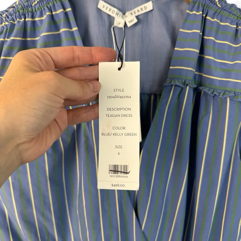 NWT Veronica Beard Teagan Stripe Ruched V-Neck Midi Dress Blue Size 6 Side Slit - Image 7