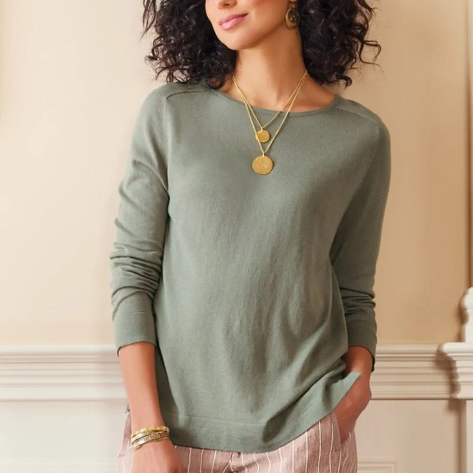 Soft Surroundings Go Lively Button Back Sweater Silk Blend Bay Leaf Large - Image 3