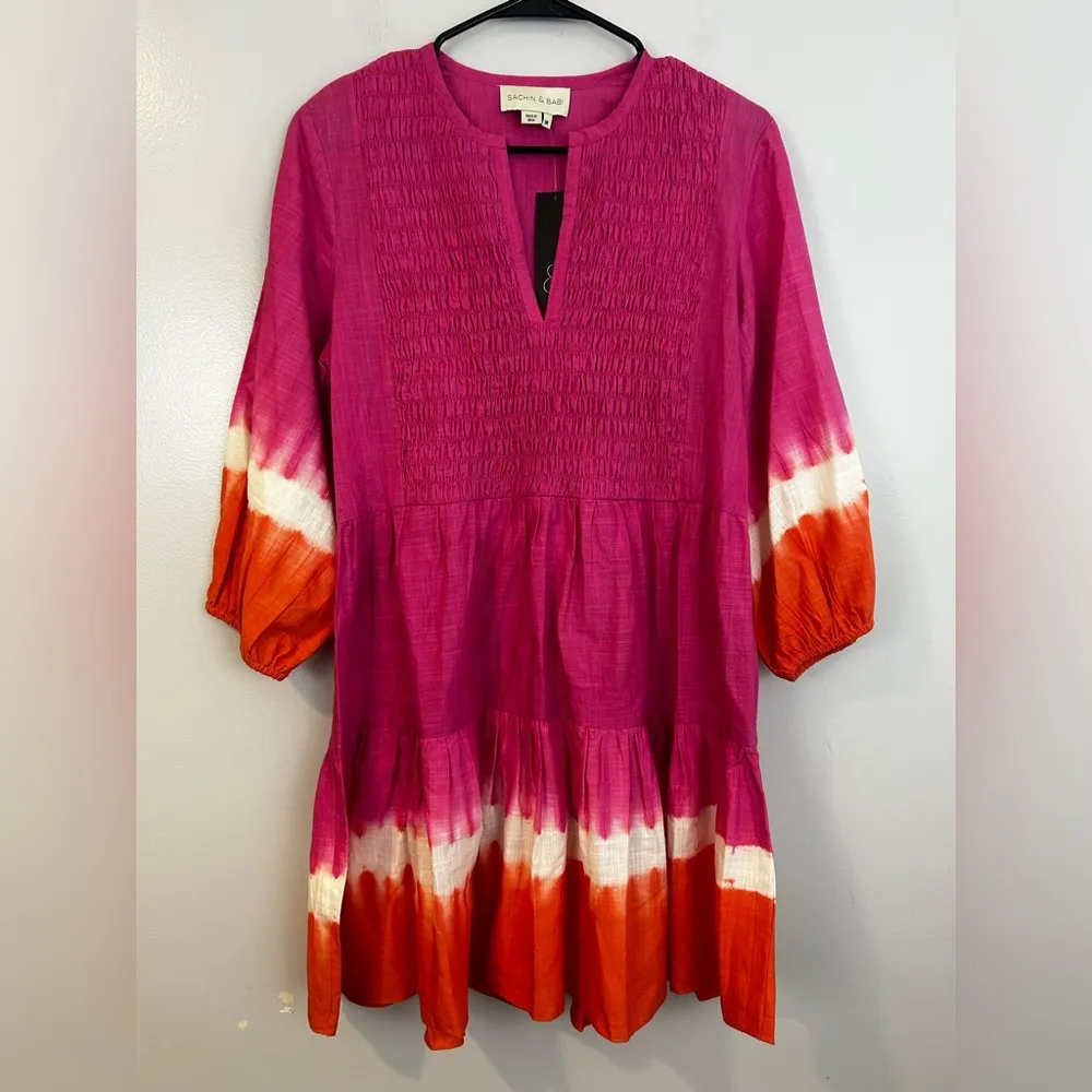 NWT Sachin + Babi Pink Ombre Ruched Long Balloon Sleeve Cotton Dress - Image 4
