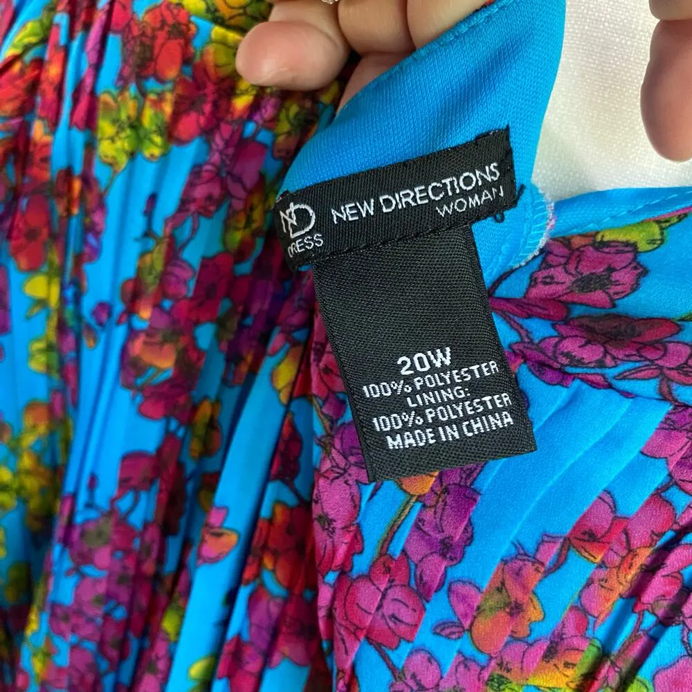 New Directions Blue Floral A Line Turquoise Pleated Midi Short Sleeve Dress 20W - Image 7