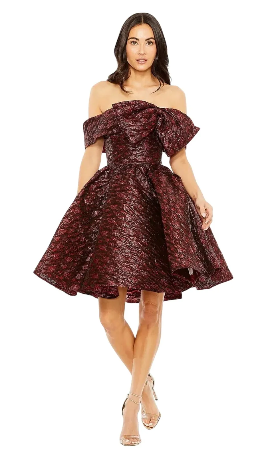 Mac Duggal NWT Brocade Off The Shoulder Bow Detail Short Dress in Ruby Size 8 - Image 1