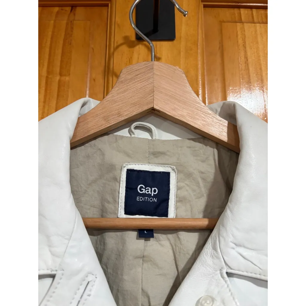 GAP Edition White Genuine Leather Jacket Moto Trucker Coat L Women’s - Image 2