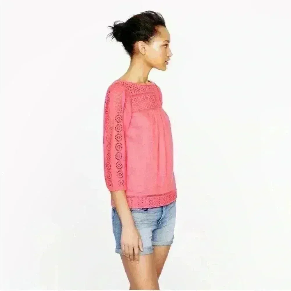 J.Crew Women’s Linen Salmon Coral Eyelet‎ Top Size XS Lightweight Casual - Image 2