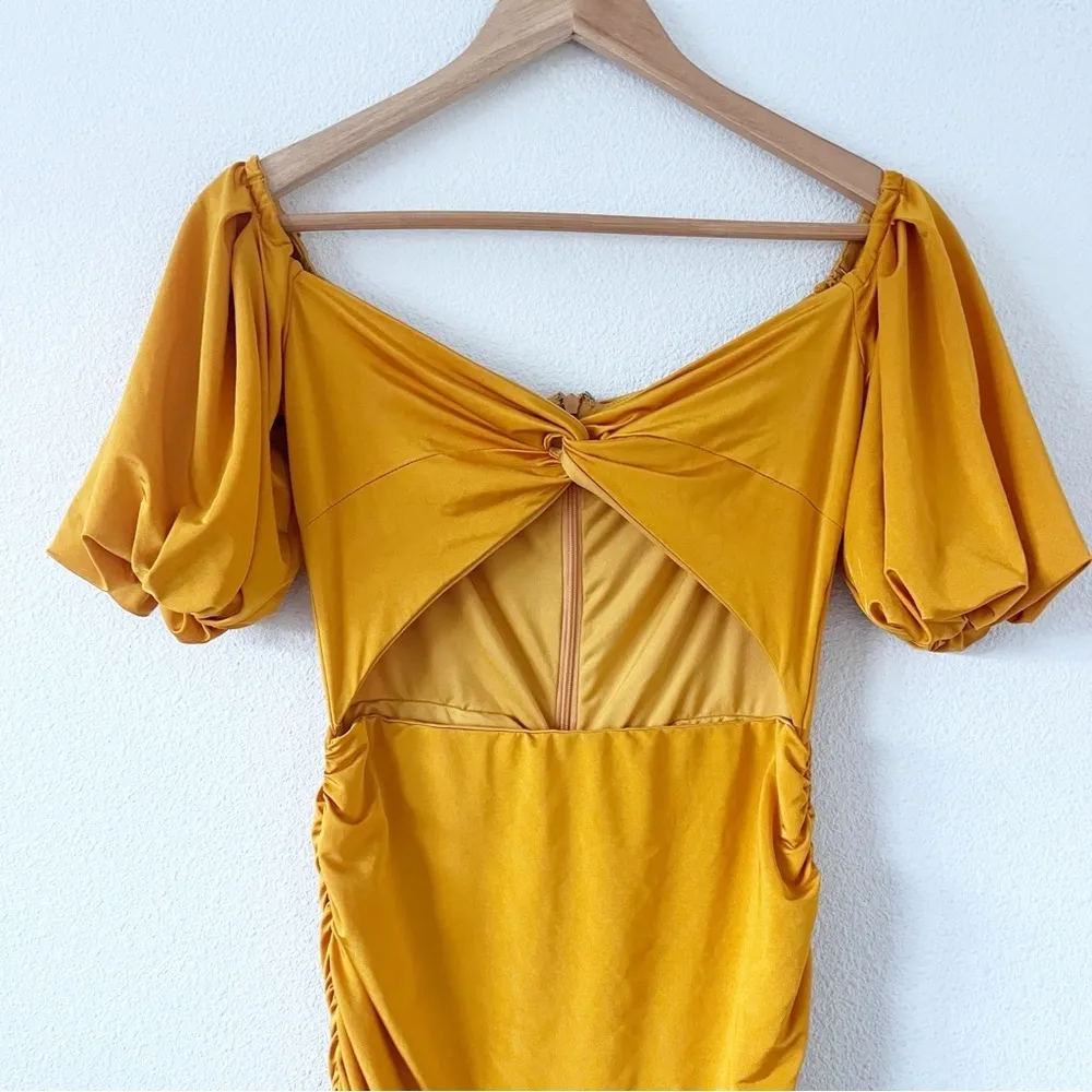 Elle Zeitoune Naira Midi Ruched Dress in Marigold Gold Size XS - Image 3