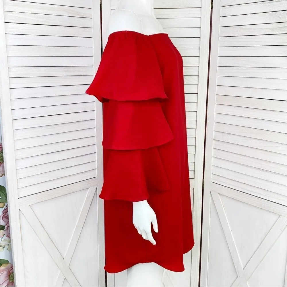 Nanette Lepore Red Riding Hood Off The Shoulder Shift Dress Red Tiered Sleeve 6 - Image 3