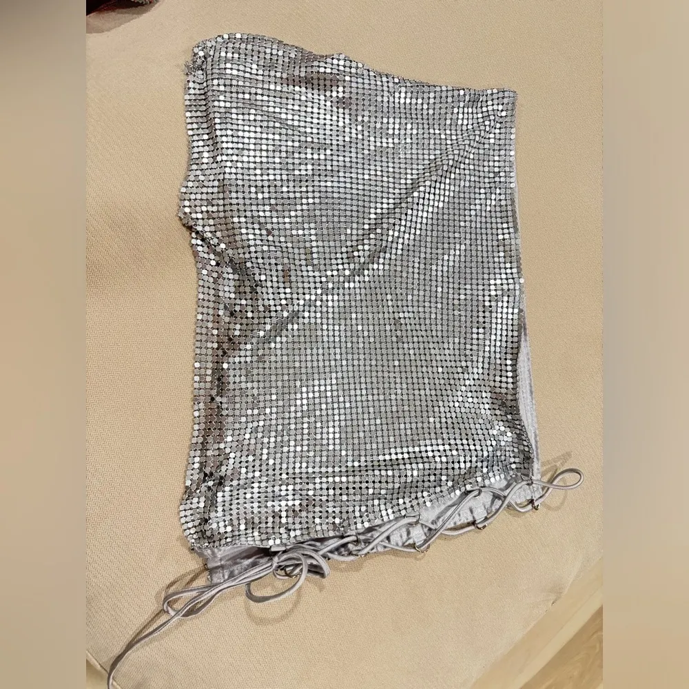 I.AM.GIA leilani Micro mini skirt lace up chainmail metallic silver low rise y2k - Image 3