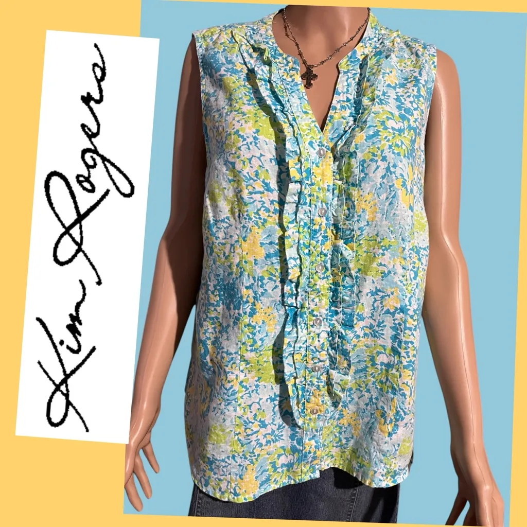 Kim Rogers 100% Linen Size XL Women's Sleeveless Floral Top - Blue and Yellow - Image 2
