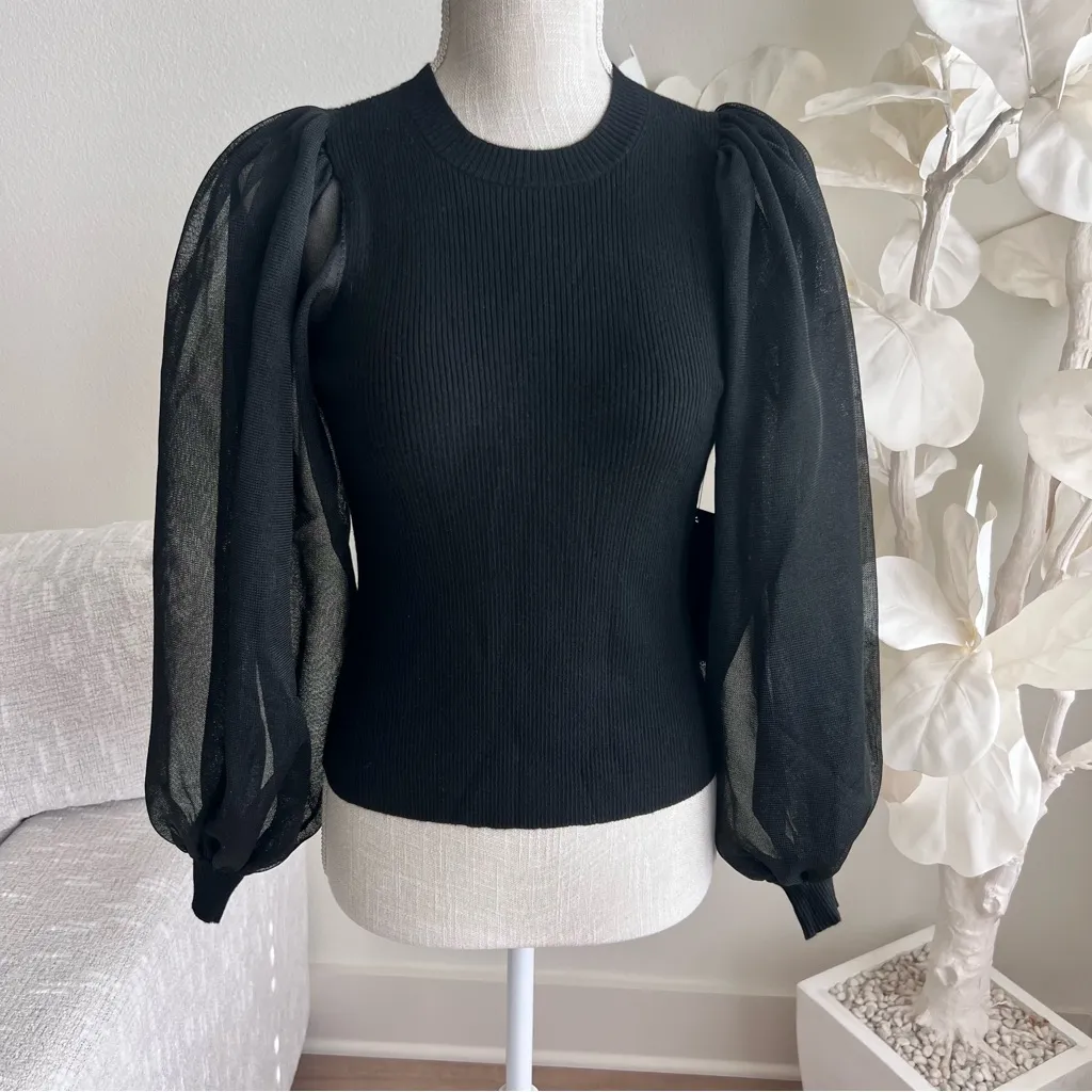 Tuckernuck Black Knit Betsy Long Puff Sleeve Blouse - Image 2