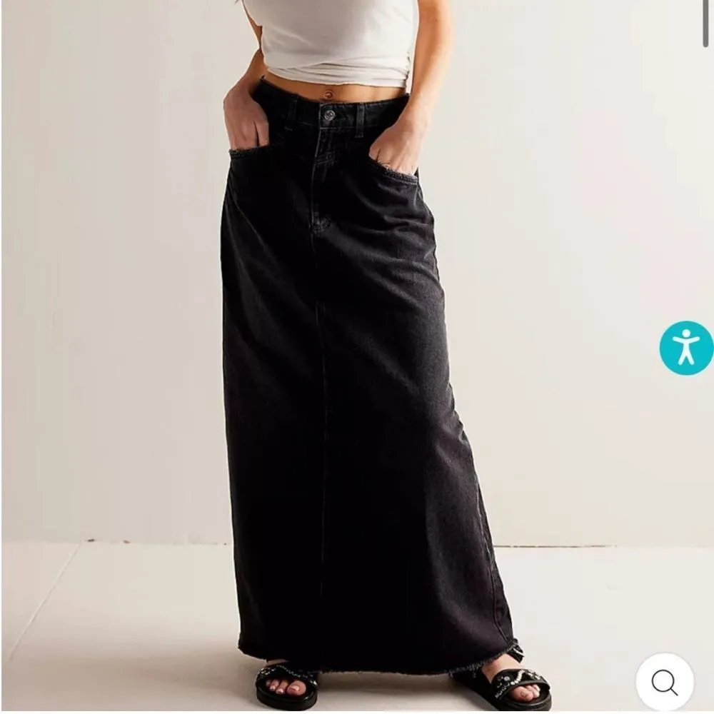 FREE PEOPLE WE THE FREE COME AS YOU ARE DENIM‎ MAXI SKIRT - BLACK 2 - Image 2