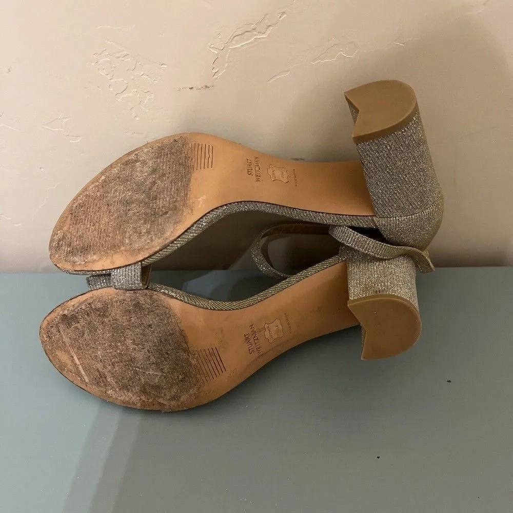 Stuart Weitzman Women's Nearly Nude Ankle Strap Sandals Silver Gold Wedding - Image 6