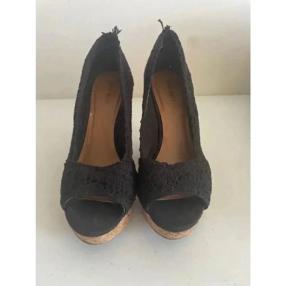 CLEARANCE Women's Nine West Black Crochet Wedge Cork‎ Heels Size 7.5M GUC - Image 2