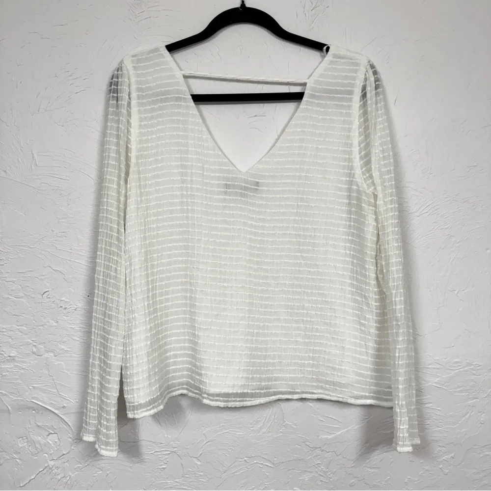Lulus White Ribbed Long Sleeve Blouse Womens L V Neck Casual Classic Shirt Top Size L - Image 10