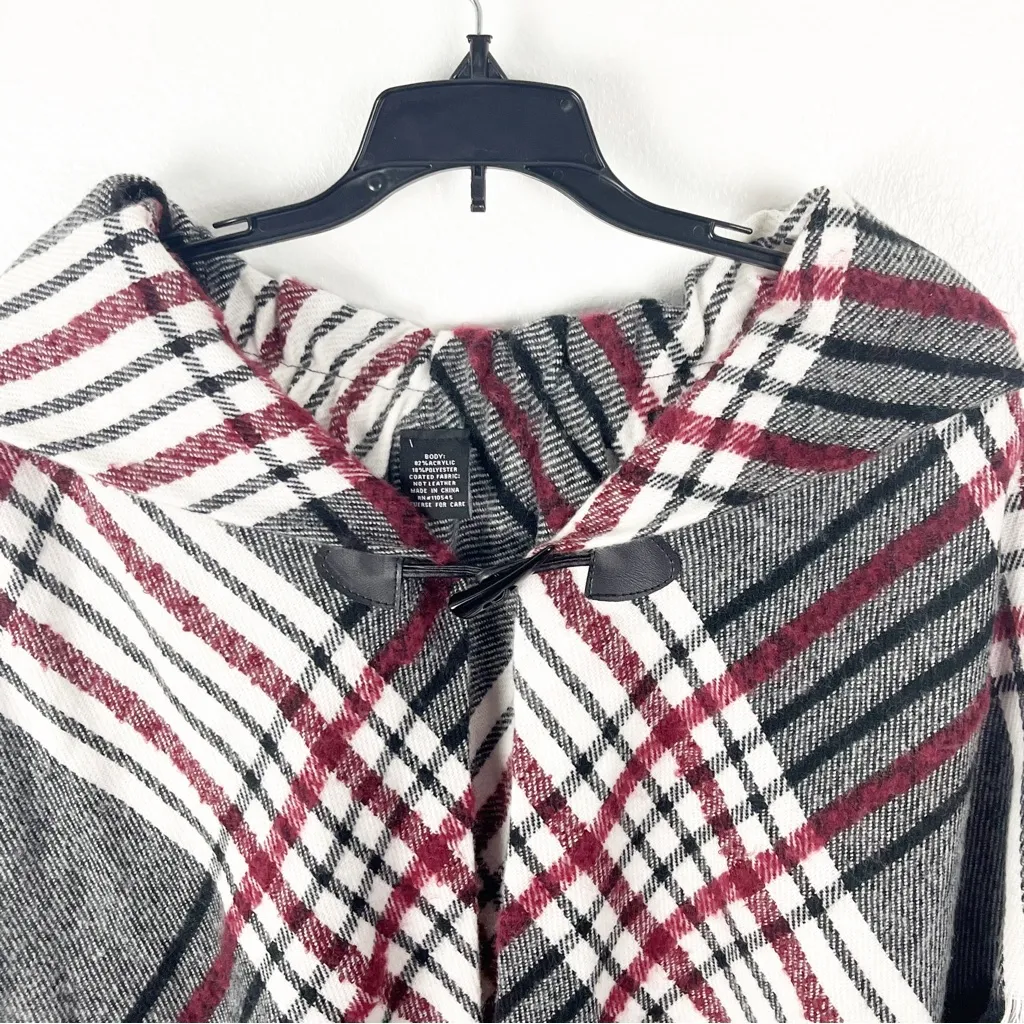 PLAID Fringe Hem Hoodie Front Closure Cabincore Poncho, One Size Size undefined - Image 9